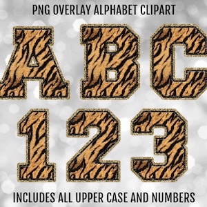 Tiger Print y Gold Glitter Faux Fur Chenille PNG Paquete de letras y números del alfabeto, PNG Sublimation Font Clipart, Descarga digital
