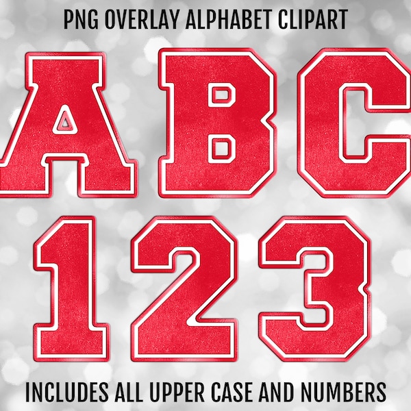 Red and White Varsity PNG Alphabet Letters and Numbers Bundle, PNG Sublimation Font Clipart, Instant Digital Download