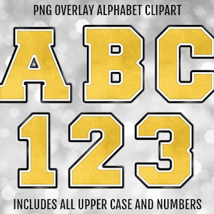 Paquete de letras y números del alfabeto PNG universitario de oro amarillo, negro y blanco, imágenes prediseñadas de fuente de sublimación PNG, descarga digital instantánea