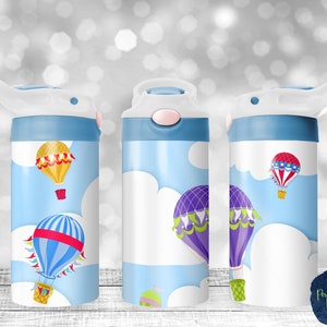 Hot Air Balloons, Clouds, Up and Away, PNG Sublimation Design, 12 oz Kids Sippy Cup, Instant Download, Mockup Included