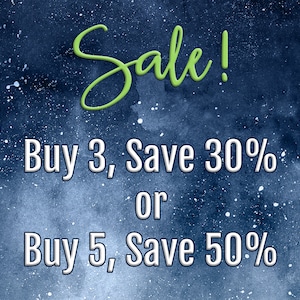 May include: A blue and white starry background with the text "Sale!" in green. The text "Buy 3, Save 30% or Buy 5, Save 50%" is written in white.