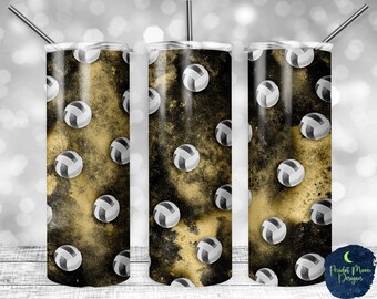 Pintura negra y dorada, Voleibol, Grunge, Colores del equipo, Diseño de sublimación PNG, Vaso delgado de 20 oz, Descarga instantánea, Maqueta incluida