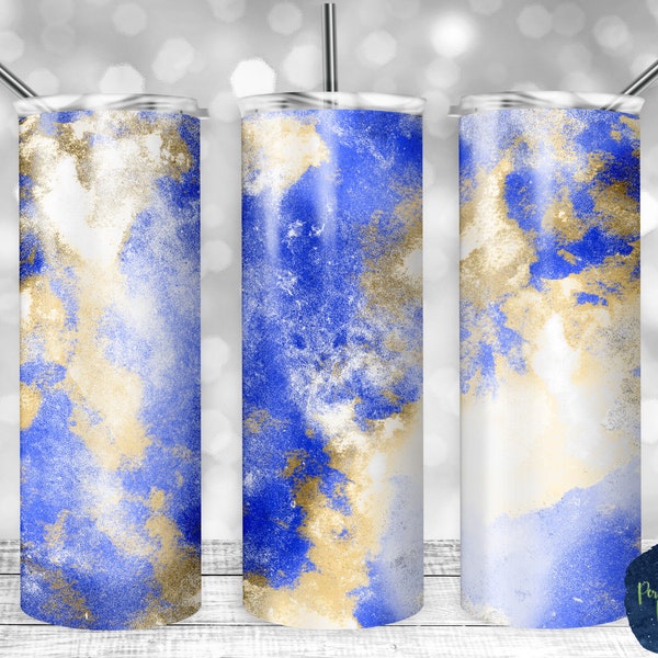 Blue Gold and White Abstract Paint, Grunge, Team Colors, PNG Sublimation Design, 20 oz Skinny Tumbler, Instant Download, Mockup Included