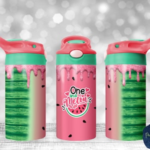 May include: Three pink and green water bottles with a watermelon design. The center bottle has the text "One in a Melon" with a watermelon graphic.