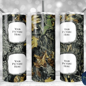 May include: Three stainless steel tumblers with a camouflage pattern. Each tumbler has two white rectangular areas with the text "YOUR PICTURE HERE".