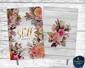 Psalm 46:10, Sei Still, Pastell Blumen, weißes Holz, PNG Sublimationsdesign, Journal Design, Bibelvers, digitaler Download, Mockup inbegriffen