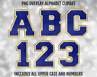 Blue Yellow and White Varsity PNG Alphabet Letters and Numbers Bundle, PNG Sublimation Font Clipart, Digital Download, School Colors, Sports