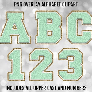 Pastel Green and Gold Glitter Faux Chenille Varsity PNG Alphabet Letters and Numbers Bundle, PNG Sublimation Font Clipart, Digital Download