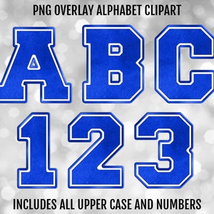 Blue and White Varsity PNG Alphabet Letters and Numbers Bundle, PNG Sublimation Font Clipart, Instant Digital Download