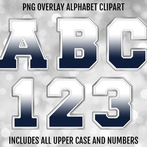 Letras y números del alfabeto PNG con degradado azul marino y blanco con diseño universitario plateado, fuente de sublimación PNG, descarga digital