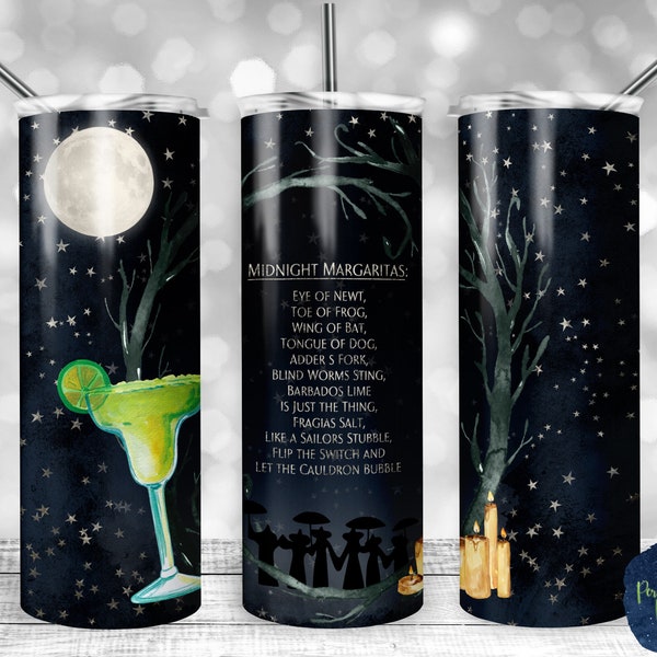 Midnight Margaritas, Family of Witches, PNG Sublimation Design, 20 oz Skinny Tumbler, Witch's Brew, Halloween Recipe, Digital Download