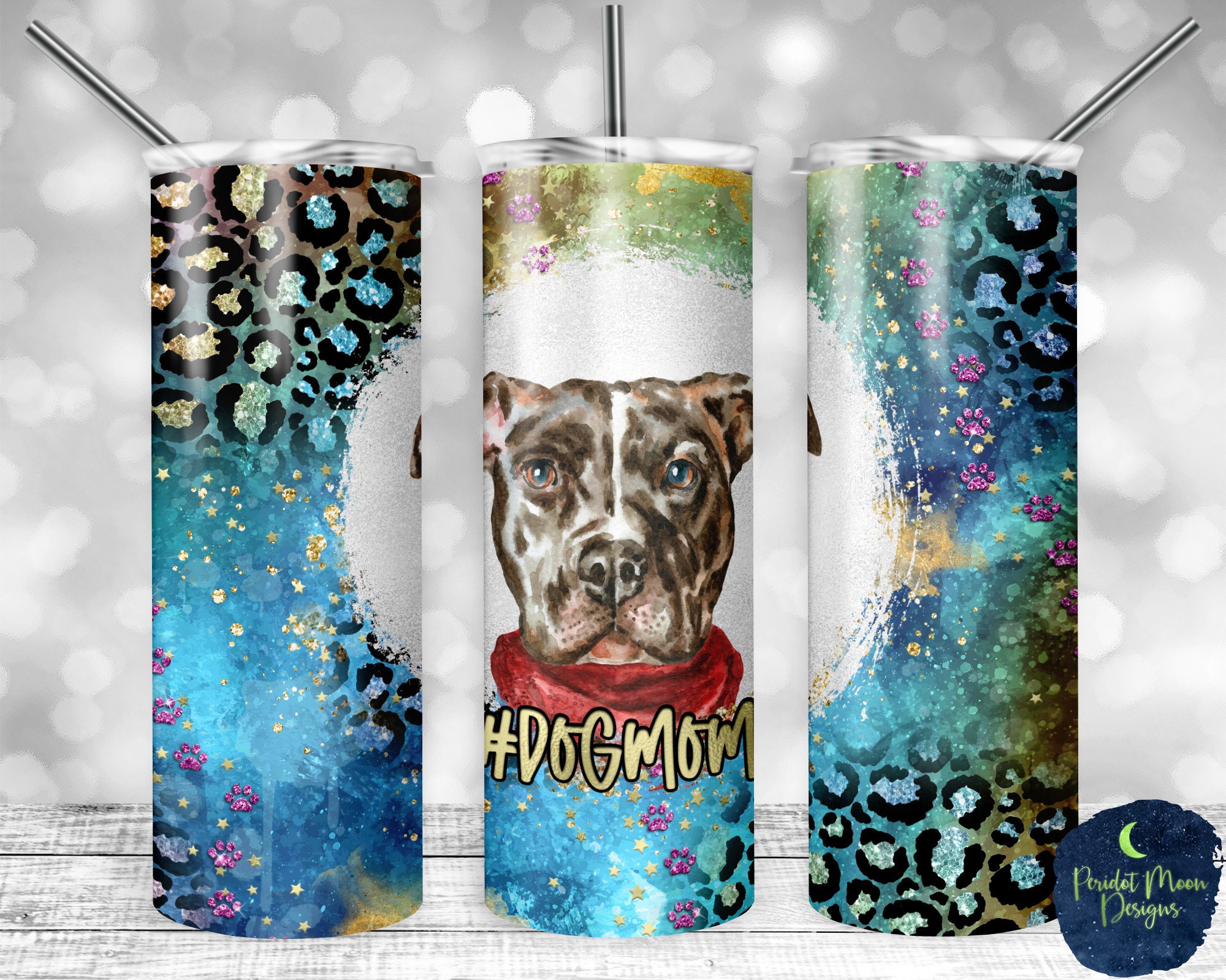 Pitbull, Dog Mom, Galaxy Glitter Leopard Print, PNG Sublimation Design, 20 oz Skinny Tumbler, Instant Download, Mockup Included