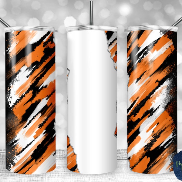 Orange, Black, and White Abstract Paint Strokes, Blank Tear, PNG Sublimation Design, 20 oz Skinny Tumbler, School Spirit, Digital Download