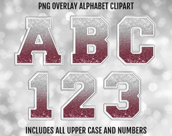 Burgundy, Silver, and White Ombre Glitter Varsity PNG Alphabet Letters and Numbers Bundle, PNG Sublimation Font Clipart, Digital Download