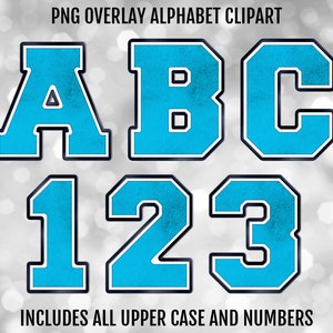 Light Blue, Navy, and White Varsity PNG Alphabet Letters and Numbers Bundle, PNG Sublimation Font Clipart, Instant Digital Download