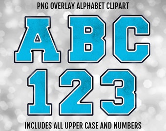 Light Blue, Navy, and White Varsity PNG Alphabet Letters and Numbers Bundle, PNG Sublimation Font Clipart, Instant Digital Download