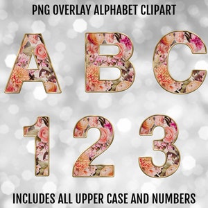 Pastel Pink and Orange Floral PNG Alphabet Letters and Numbers Bundle, PNG Sublimation Font Clipart, Instant Digital Download