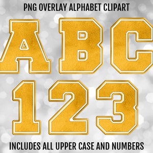 Paquete de letras y números del alfabeto PNG universitario amarillo y blanco, imágenes prediseñadas de fuente de sublimación PNG, descarga digital instantánea