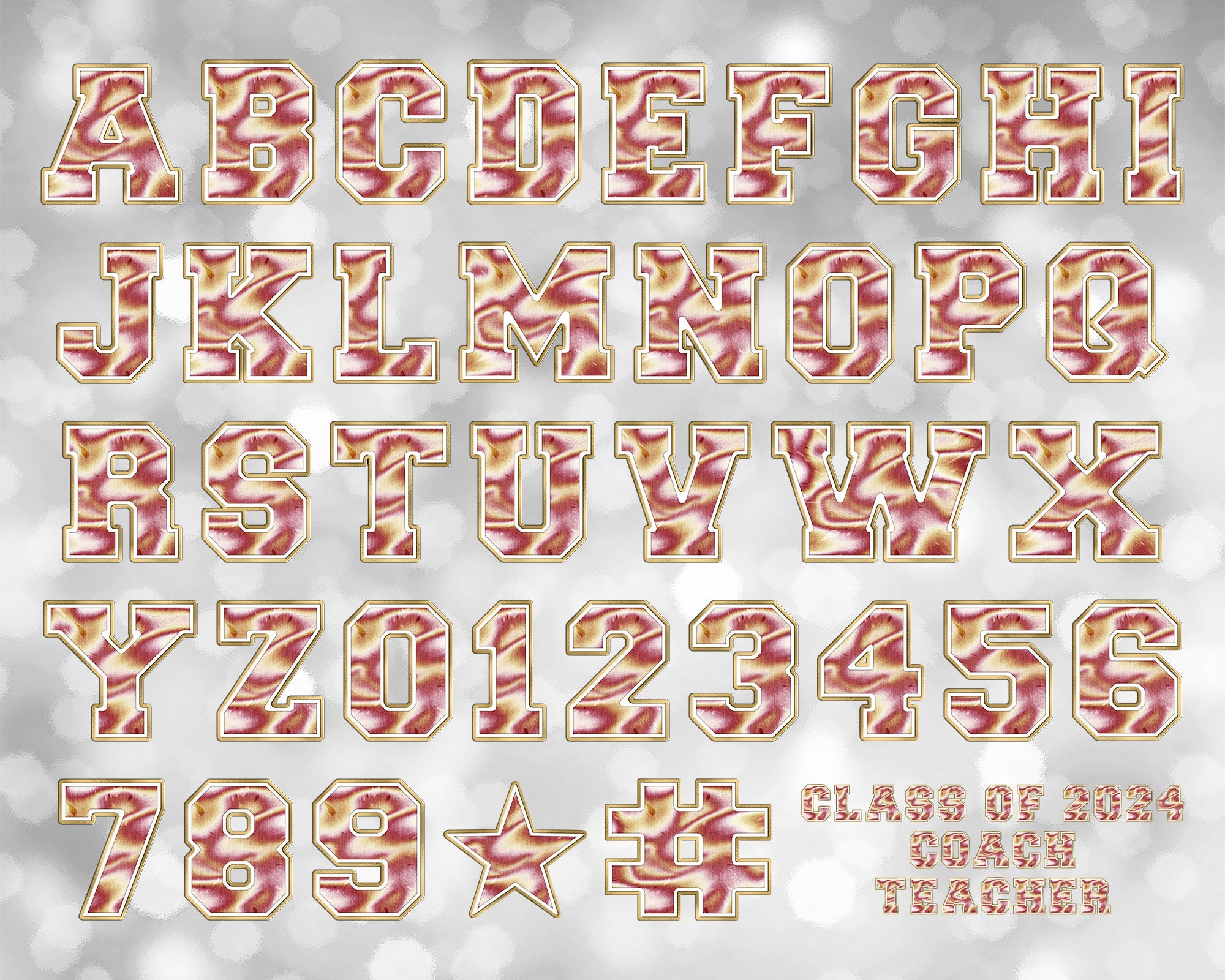 Maroon, Gold, and White Tie Dye Varsity PNG Alphabet Letters and ...