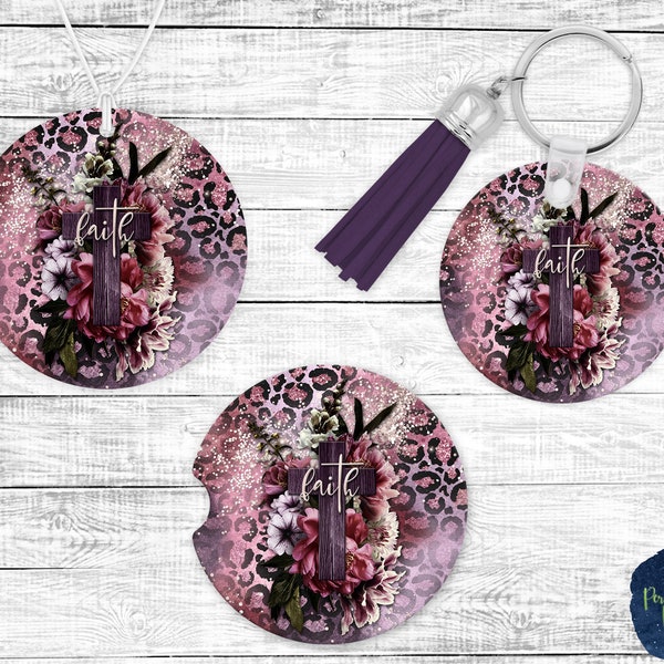 Faith, Floral Cross, Glitter Leopard Print, Car Coaster, Pink, Purple, Car Freshie, Keychain, PNG Sublimation Design, Digital Download
