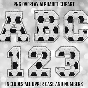 Soccer and Silver Glitter Faux Chenille Varsity PNG Alphabet Letters and Numbers Bundle, PNG Sublimation Font Clipart, Digital Download