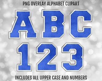 Royal Blue, Silver, and White Varsity PNG Alphabet Letters and Numbers Bundle, PNG Sublimation Font Clipart, Instant Digital Download