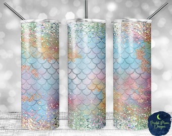 Pastel Holographic Glitter Mermaid Scales, PNG Sublimation Design, 20 oz Skinny Tumbler, Instant Digital Download, Mockup Included