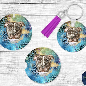Dog, Pitbull, Car Coaster, Car Freshie, Keychain, Glitter Galaxy, Leopard Print, PNG Sublimation Design, Digital Download, Mockup Included