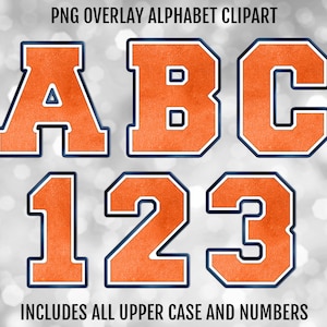 Orange and Navy Blue Varsity PNG Alphabet Letters and Numbers Bundle, PNG Sublimation Font Clipart, Instant Digital Download