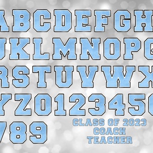 Light Blue, Black, and White Varsity PNG Alphabet Letters and Numbers Bundle, PNG Sublimation Font Clipart, Instant Digital Download