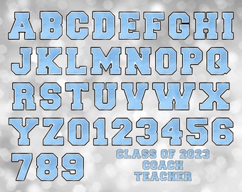 Light Blue, Black, and White Varsity PNG Alphabet Letters and Numbers Bundle, PNG Sublimation Font Clipart, Instant Digital Download