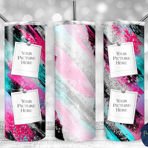 May include: Three stainless steel tumblers with a colorful abstract design featuring pink, blue, and silver glitter. Each tumbler has two blank white photo frames with the text "Your Picture Here" on each frame.