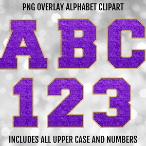 Púrpura y amarillo bordado Varsity PNG Alfabeto Letras y números Paquete, PNG Sublimation Font Clipart, Descarga digital instantánea