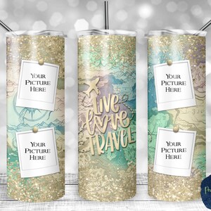 Live Love Travel Rainbow y Gold Glitter, PNG Sublimation Design, Picture Frames, Glitter Map, Vacation, Digital Download, Mockup incluido