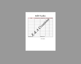 May include: A printable debt tracker worksheet with the title "Debt Tracker" and columns for "Debt", "Starting Total", "Ending Total", "Due Date", "Int Rate", and "Starting Total" and "Ending Total" at the bottom of the sheet.