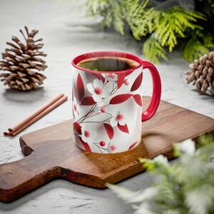 Mug, Thin Branch with Red Leaves and White Flowers with Red Center, Ceramic Coffee Cup, Tea Mug, Floral Kitchen Decor, Gift for Nature