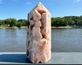 Stunning Pink Amethyst Flower Agate Large Polished Tower with Druzy