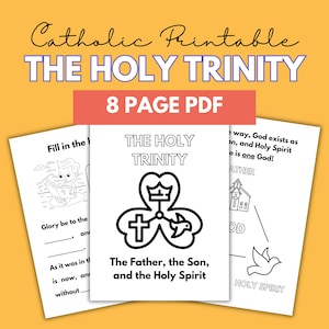 May include: Black and white printable coloring pages for kids about the Holy Trinity. The pages feature illustrations of a dove, a cross, a church, and a shamrock. The text on the pages includes "The Holy Trinity", "The Father, the Son, and the Holy Spirit", "Glory be to the Father, and to the Son, and to the Holy Spirit", and "As it was in the beginning, is now, and ever shall be, world without end. Amen."