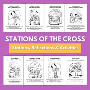 Op de afbeelding: Zwart-witte illustraties van de kruiswegstaties. Elke illustratie toont een scène uit de Passie van Christus, met een tekst die de statie beschrijft en een reflectievraag.