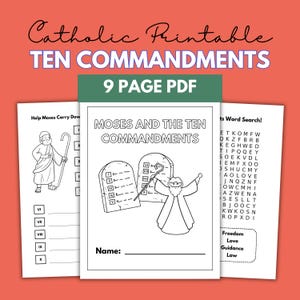 May include: Black and white printable activity sheets for kids featuring Moses and the Ten Commandments. The sheets include a word search, a connect the dots activity, and a coloring page.