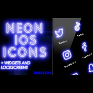 Icone delle app iOS al neon Indigo, widget e schermate di blocco