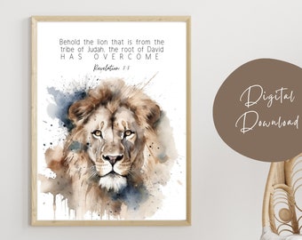 Christian Watercolor Bible Verse Printable Art, Jesus the Lion of Judah Wall Art, Revelation 5:5 Scripture Print, Christian Home Decor Art.