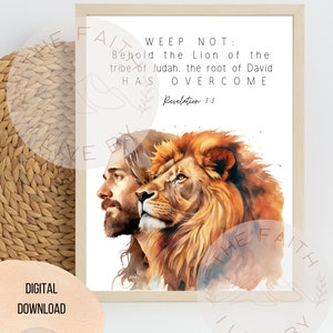Jesus the Lion of the Tribe of Judah has Overcome, Revelation 5:5 KJV Digital Wall art, Christian Watercolor Bible Verse print Home Decor.