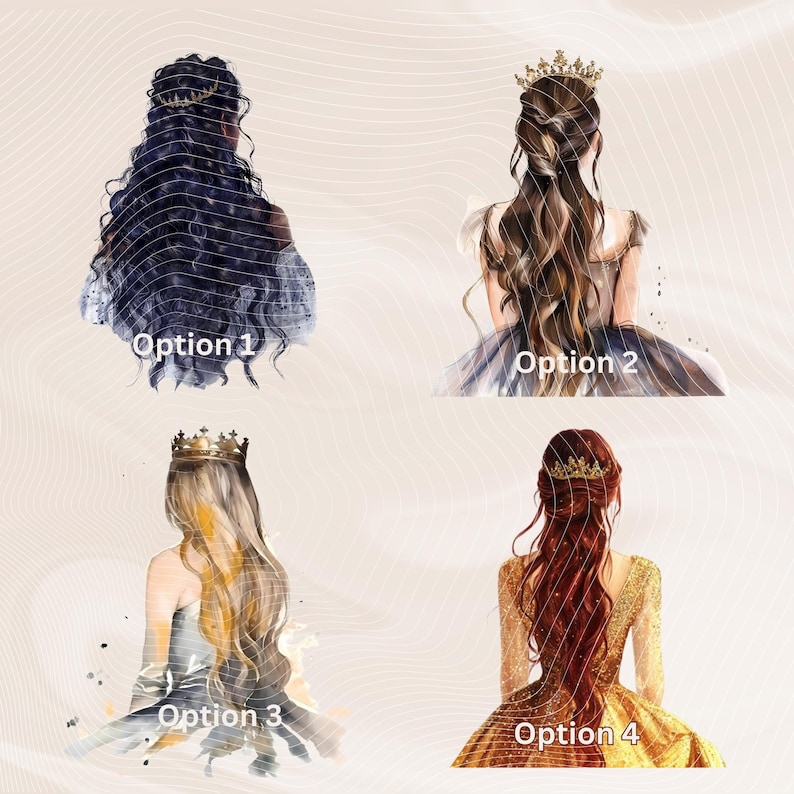 May include: Four digital illustrations of women with long hair wearing crowns and dresses. Each illustration is labeled with a number and the word "Option".