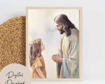 Jesus listening to a child's prayer, Jesus and children wall art, Girl's Nursery room print, Jesus print christian home decor, Child of God.