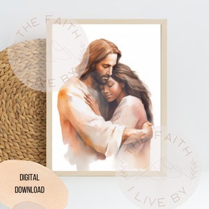 Christ&#39;s Embrace Watercolor Jesus Hugging Black Girl Portrait, Digital Painting Wall Art, Christian gift Home Decor, Girl&#39;s Camp Devotional.