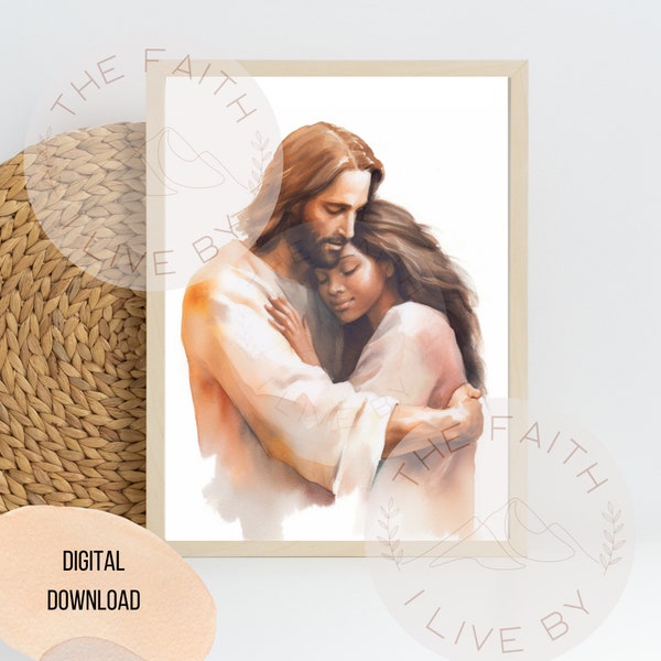 Christ's Embrace Watercolor Jesus Hugging Black Girl Portrait, Digital Painting Wall Art, Christian gift Home Decor, Girl's Camp Devotional.