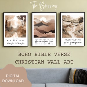 The Lord Bless you and keep you Printable Numbers 6:24-26, Christian Boho Bible Verse Wall Art set of 3 Christian Home Modern Art Decor