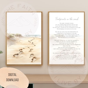 Empreintes de pas dans le sable, poème d&#39;art mural imprimable, oeuvre d&#39;art d&#39;illustration chrétienne moderne, décoration d&#39;intérieur chrétienne abstraite aquarelle du milieu du siècle.