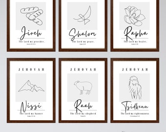 Names of God Set of 6 Christian Art prints, Jehova Jireh Rapha Shalom Nissi Raah, Modern Jesus Line Art, Modern Minimalist Wall Art Print.